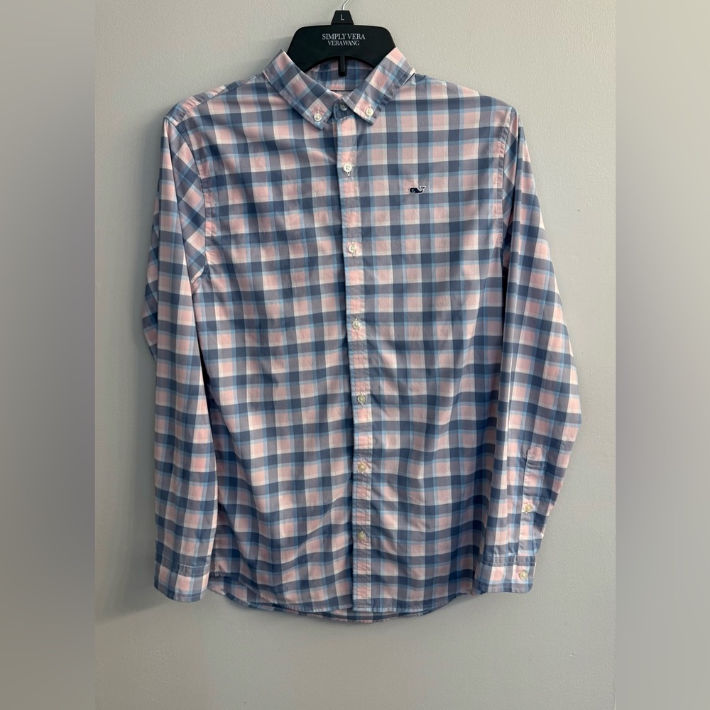 Vineyard Vines Pink Blue Plaid Button down Long Sleeve Boys L Preppy Classic